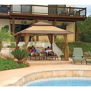 Tan Brown Gazebo Canopy Sun Tent Shelter Portable Backyard Camping Accessories