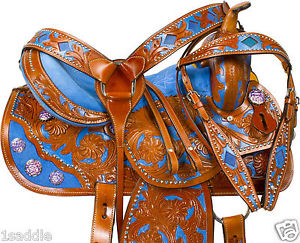 16 CUSTOM BROWN LEATHER HAND PAINTED ROYAL BLUE BARREL RACING HORSE SADDLE TACK