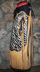 New Hair on Cowhide Zebra Print Basket Weave Double Fringe Conchos Chinks Chaps