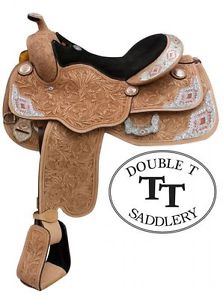 Double T 16" Tooled Pleasure Silver Show Saddle Light Oil Leather Copper Conchos