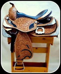 16" Western Show Saddle Super silver studs Black Filigree Fully Tooled Oaf Leaf