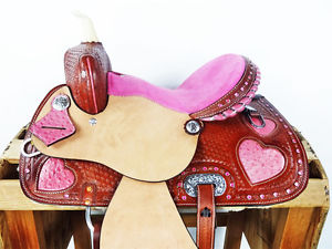 14" PINK LEATHER OSTRICH HEART WESTERN BARREL RACING SHOW HORSE SADDLE TACK