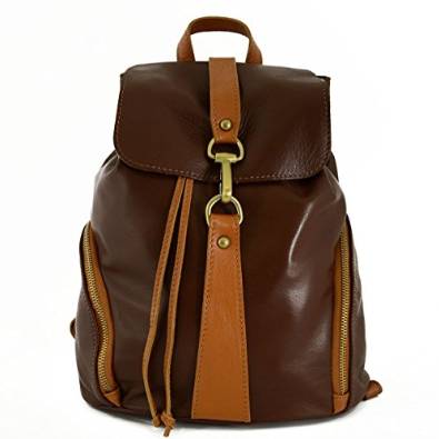 Italian Leather Woman Backpack, Carabiner Closure Color Brown Cognac - Made In Italy Leather Bags