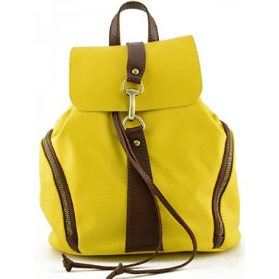 Italian Leather Woman Backpack, Carabiner Closure Color Yellow Brown - Made In Italy Leather Bags