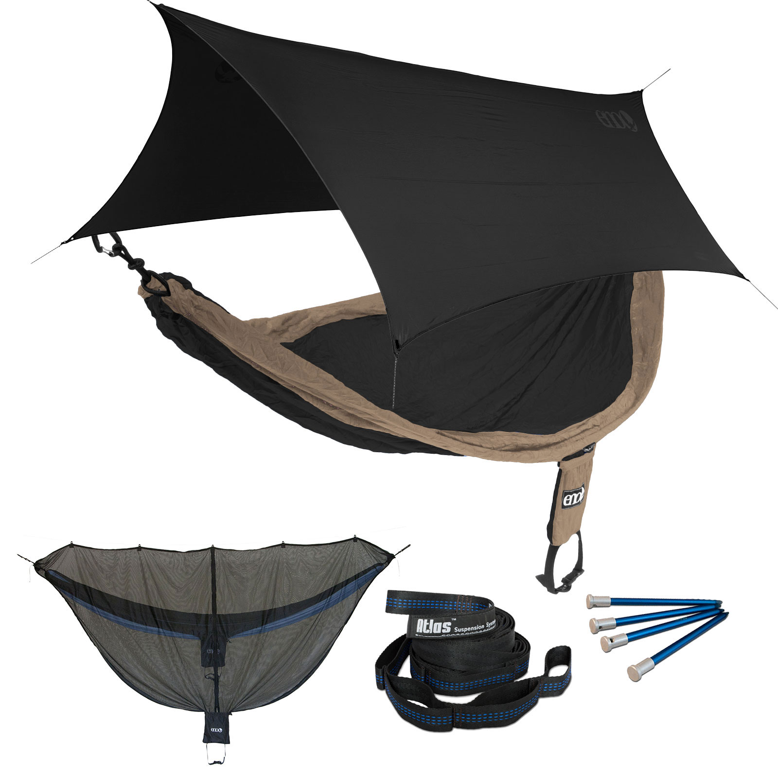 ENO SingleNest OneLink Sleep System - Khaki/Black Hammock With Black Profly