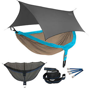 ENO DoubleNest OneLink Sleep System - Teal/Khaki Hammock With Grey Profly