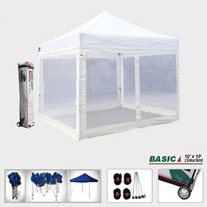 Basic 10x10 Ez Pop up Canopy Screen Houses Shelter Instant Party Tent Gazebo +4 Removable Zipper End Mesh Sidewalls W/roller Bag (White)