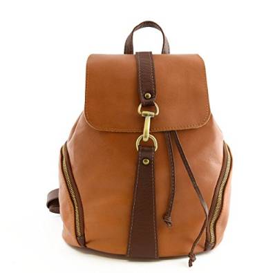 Italian Leather Woman Backpack, Carabiner Closure Color Cognac Brown - Made In Italy Leather Bags