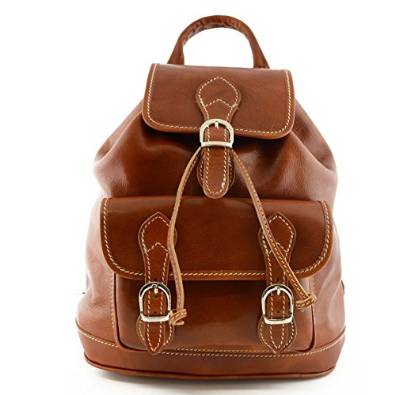 Italian Genuine Leather Backpack, Front Pocket With Buckles Color Cognac - Made In Italy Leather Bags