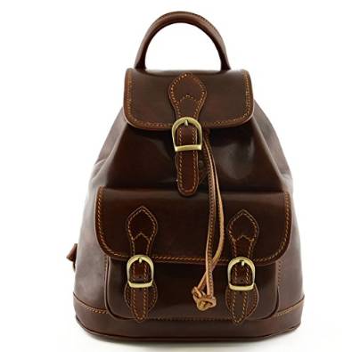 Genuine Leather Backpack, Front Pocket With Buckles Brown - Made In Italy