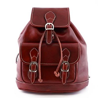 Genuine Leather Backpack, Front Pocket With Buckles Red - Made In Italy