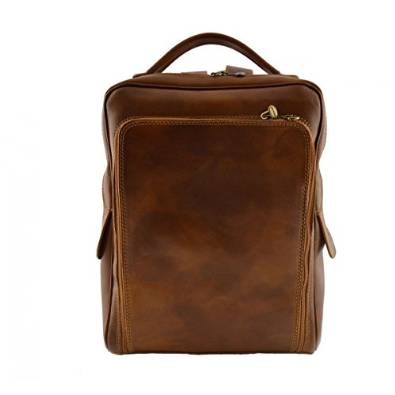 Man Genuine Leather Backpack With Front Zipped Pocket Cognac - Made In Italy