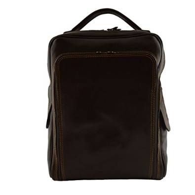 Man Genuine Leather Backpack With Front Zipped Pocket Dark Brown - Made In Italy