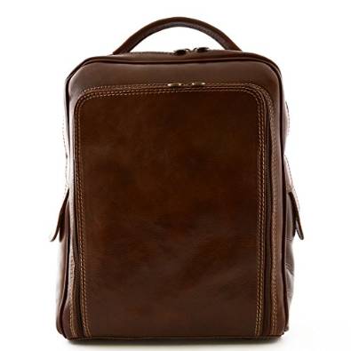 Man Genuine Leather Backpack With Front Zipped Pocket Brown - Made In Italy