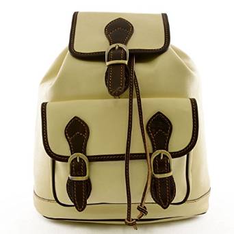 Genuine Leather Backpack, Front Pocket With Buckles White Dark Brown - Made In Italy