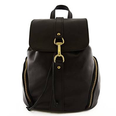 Italian Leather Woman Backpack, Carabiner Closure Color Black - Made In Italy Leather Bags