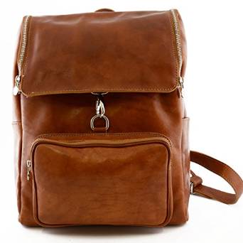 Italian Genuine Leather Backpack With Zip Closure And Carabiner Color Cognac - Made In Italy Leather Bags