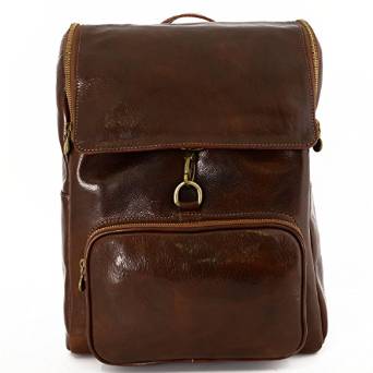 Italian Genuine Leather Backpack With Zip Closure And Carabiner Color Brown - Made In Italy Leather Bags