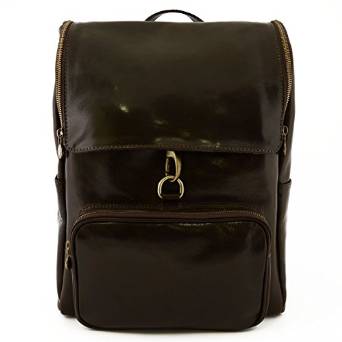 Italian Genuine Leather Backpack With Zip Closure And Carabiner Color Dark Brown - Made In Italy Leather Bags