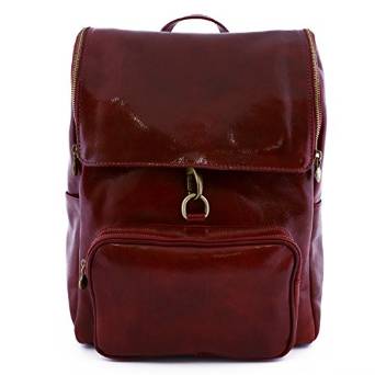 Italian Genuine Leather Backpack With Zip Closure And Carabiner Color Red - Made In Italy Leather Bags