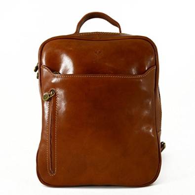 Italian Genuine Leather Backpack With Front Pockets Color Cognac - Made In Italy Leather Bags