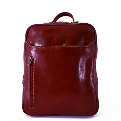 Italian Genuine Leather Backpack With Front Pockets Color Red - Made In Italy Leather Bags