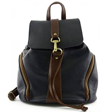 Italian Leather Woman Backpack, Carabiner Closure Color Blue And Brown - Made In Italy Leather Bags