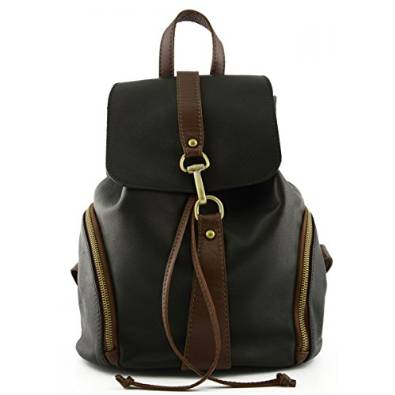 Italian Leather Woman Backpack, Carabiner Closure Color Black Brown - Made In Italy Leather Bags