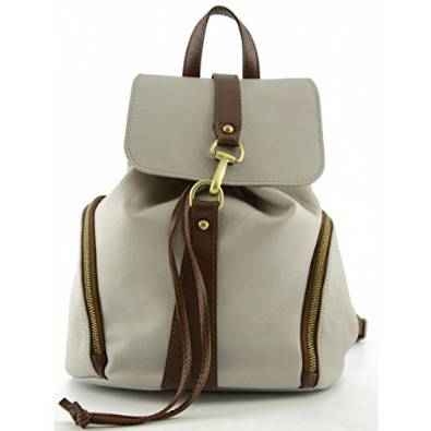 Italian Leather Woman Backpack, Carabiner Closure Color Grey Brown - Made In Italy Leather Bags