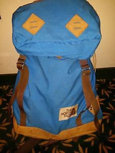 VTG NORTH FACE BLUE CANVAS & LEATHER BOTTOM HIKING BACKPACK RUCKSACK BROWN LABEL