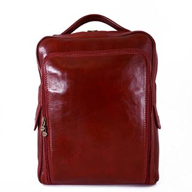 Italian Man Genuine Leather Backpack With Front Zipped Pocket Color Red - Made In Italy Leather Bags