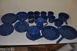 Enamelware Camping 46 Piece Cooking And Dining Set Speckled Blue Enamel Ware Set