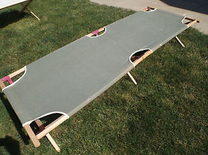 2 Vintage Wood Canvas White & Green Folding Army Cot Camping Military....Stamped