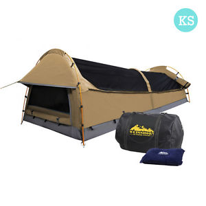 New King Single Camping Canvas Swag Tent Beige with Air Pillow 1 Man Dome Person