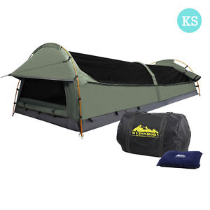 New King Single Camping Canvas Swag Tent Beige with Air Pillow 1 Man Dome Person