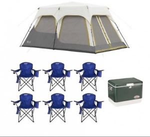 Coleman Signature 8 Person Camping Instant Tent Bundle W/6 Chairs + 54 Qt Cooler