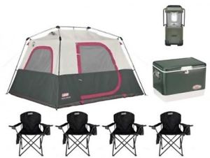 Coleman 6 Person Camping Instant Cabin Tent Bundle W/4 Chairs + Cooler + Lantern