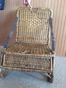 Vtg Wicker Leather Canoe Chair Seat Folding Beach Camp Portable Storage Picnic