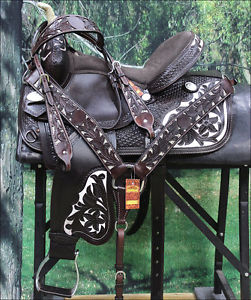 HILASON WESTERN LEATHER BARREL RACING TRAIL SADDLE W/ HEADSTALL BREAST COLLAR 15