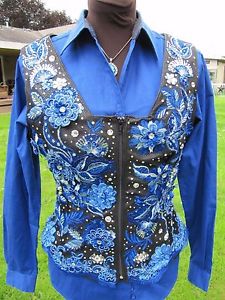 SUSAN ADRIAN ONE OF A KIND CUSTOM BLUE 3D FLOWER HORSE SHOW VEST - MEDIUM