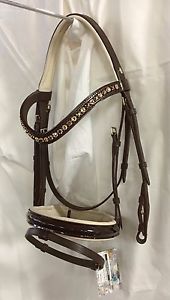 New! Otto Schumacher Venedig Patent Snaffle Bridle - Full Size - Brown and Gold