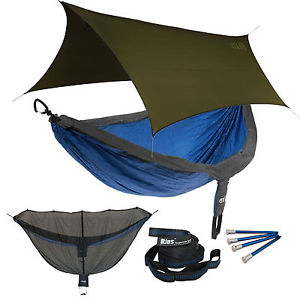 ENO DoubleNest OneLink Sleep System - Charcoal/Royal Hammock With Olive Profly