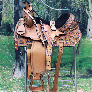 HILASON WESTERN LEATHER BARREL RACING TRAIL SADDLE 16 W/ HEADTALL BREAST COLLAR