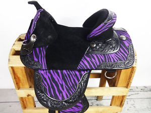 15" PURPLE ZEBRA TREELESS LEATHER CANVAS DRAFT WESTERN TRAIL HORSE SADDLE TACK