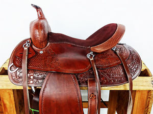 16" BROWN TOOLED LEATHER BARREL RACING PLEASURE TRAIL HORSE WESTERN SADDLE TACK