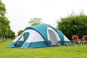 Family Camping Tent Traveling 9 Person 4 Room Polyester Large Outdoor House Blue