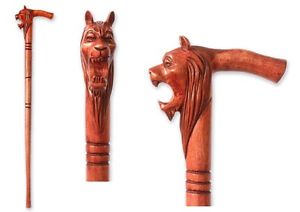 Walking Stick Hand Carved Wood Cane Lions Head Staff Custom Hand Made - Polished