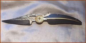 Awesome Handmade Damascus Steel Folding Knife Feather Design + 2 Knives