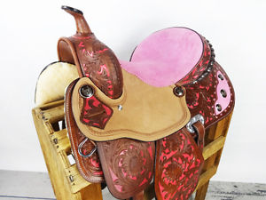 14" PINK SUEDE PAINTED ROUGH OUT LEATHER BARREL RACER HORSE TRAIL WESTERN SADDLE