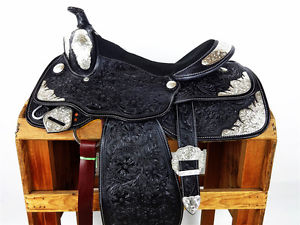 16" BLACK LEATHER WESTERN EQUINE HORSE SILVER SHOW RODEO TRAIL PARADE SADDLE